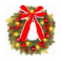 Christmas Wreath 12 Inch Green Artificial Front Door Wreath with Pinecones Berries Balls Red Bow LED Light Decorations for Fireplace Outdoor Indoor Party Wall Home Decor Xmas Wreath Ornament