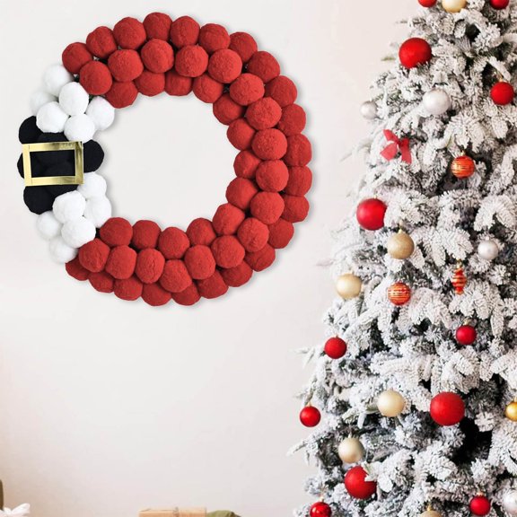 Christmas Wreath, 14 Inch Red White Black Pom Pom Wreath with Belt Design Hanging Door Decoration Holiday Wall Decor for Home Office Party 2025