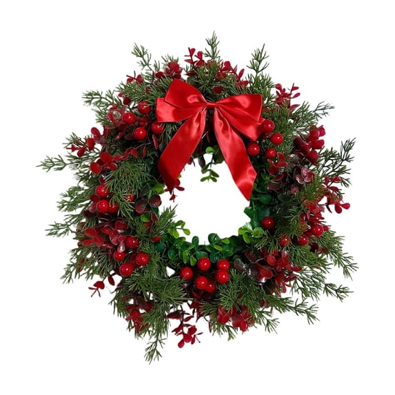 Christmas Wreath, 15.75 In Artificial Front Door Wreath with Berries Bow for Window Wall Fireplace Holiday Home Decor