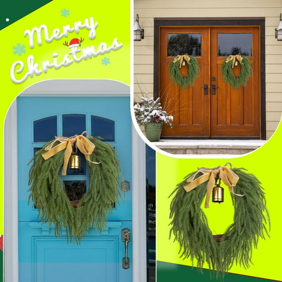 Christmas Wreath - 16 Inch Real Touch Norfolk Pine Wreath for Front Door, Christmas Wreath, Greenery Wreath with Ribbon Bell for Home Table Wall Window Indoor Outdoor Christmas Decoration