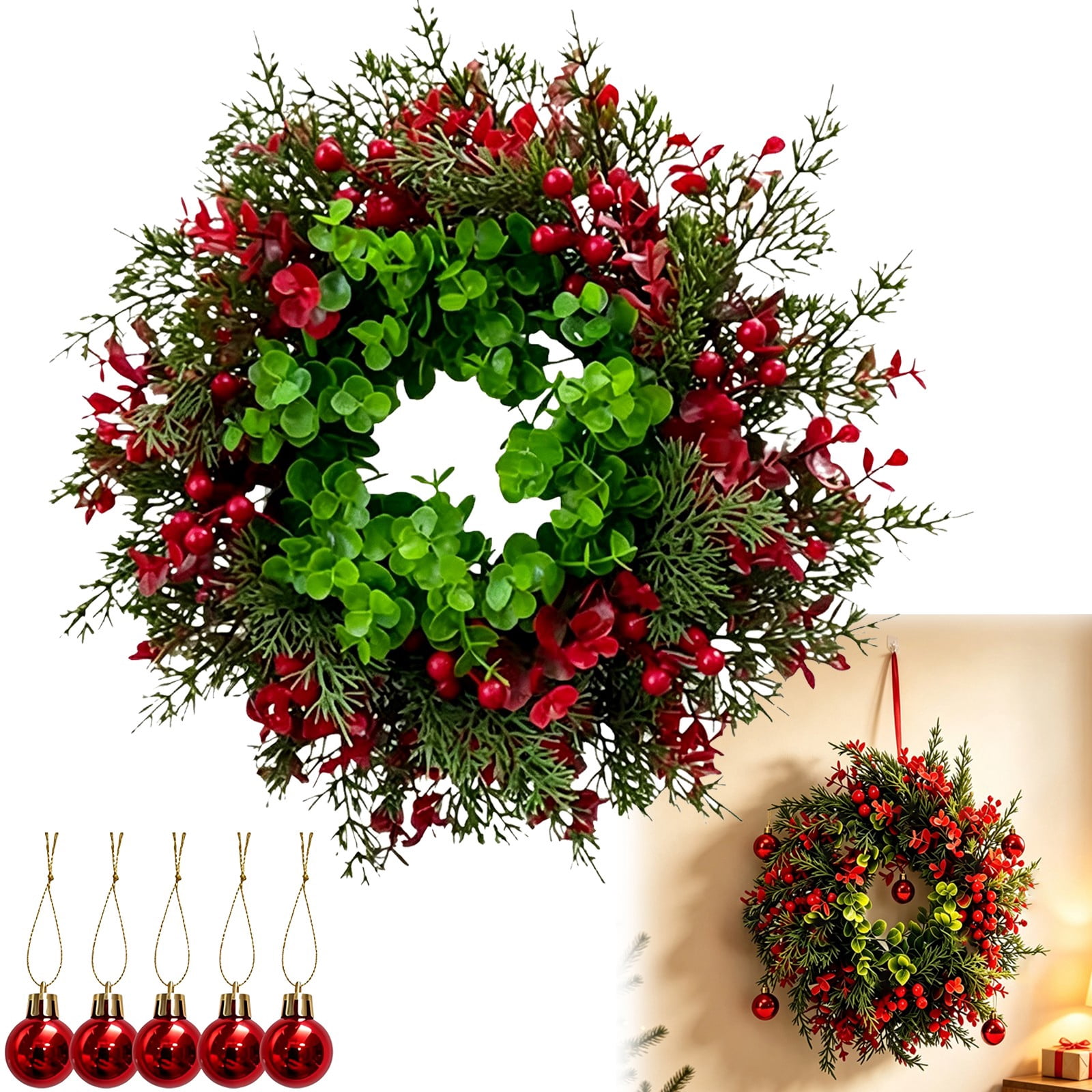 Christmas Wreath 17" Winter Wreaths for Front Door, Xmas Wreath with