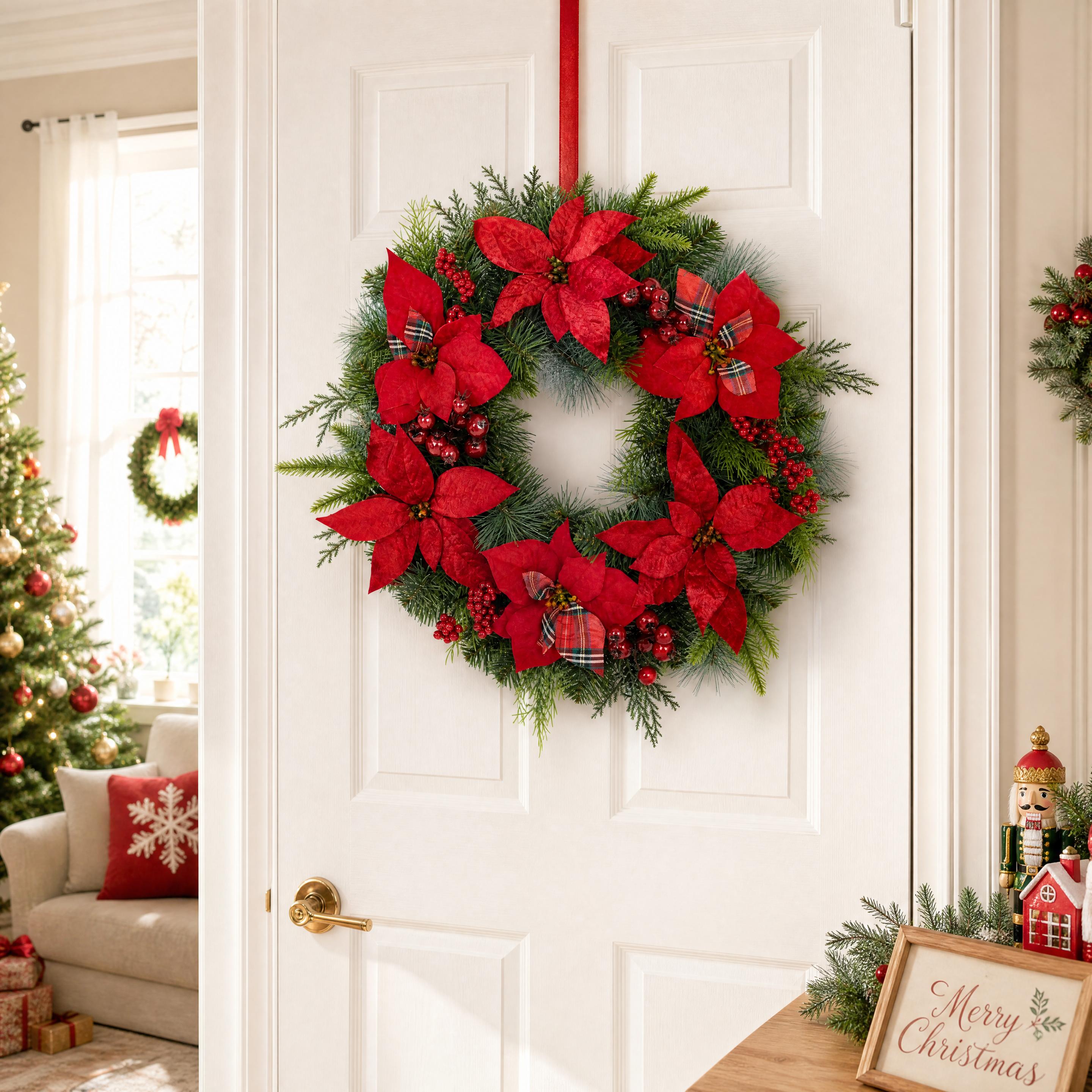 Christmas Wreath 20 Inch Artificial Red Poinsettia Pine Cone Berry Wreath for Front Door Holiday Decor