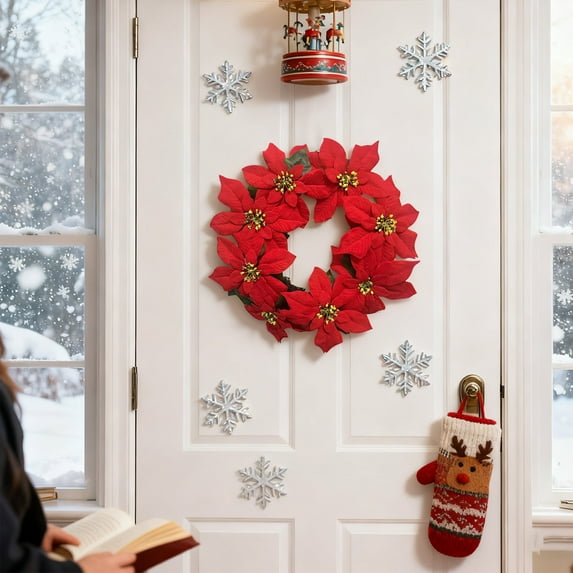 Christmas Wreath 2025 Red Flower Garland Door Hanging Decorations 18 Inch Large Handcrafted Holiday Front Door Wreath Indoor Outdoor Home Decor for Winter Festive Red