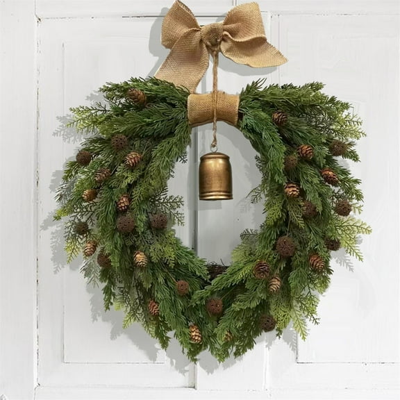 Christmas Wreath-20Inch Cypress Wreath with Bells,Bow,Pinecones,Artificial Christmas Wreaths for Front Door,for Indoor Outdoor Wall Window Porch Christmas Decorations