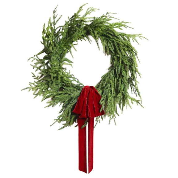 Christmas Wreath 24 Inch Artificial Norfolk Pine Cedar Wreath with Red Velvet Bow Winter Door Decoration Indoor Outdoor Holiday Decor