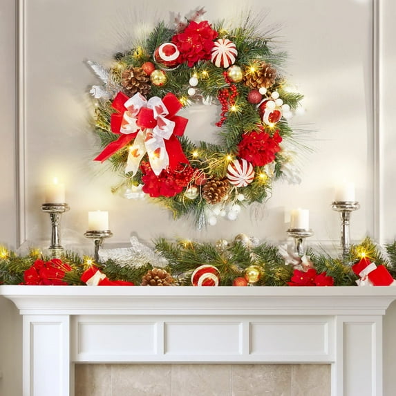 Christmas Wreath, 24 Inch Outdoor Christmas Wreath for Front Door, Battery Operated Xmas Wreath with 20 LED Lights Timer Red & White Ball Ornaments for Home Holiday Decor