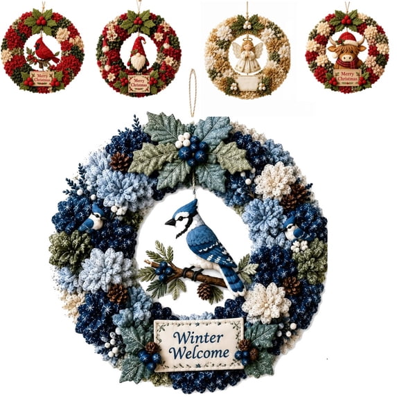 Christmas Wreath 3D Fabric Poke Art Kits for Adults, Pre-Punched Crafts for Holiday Door Decor, No-Sew DIY Making Set (Blue Bird)