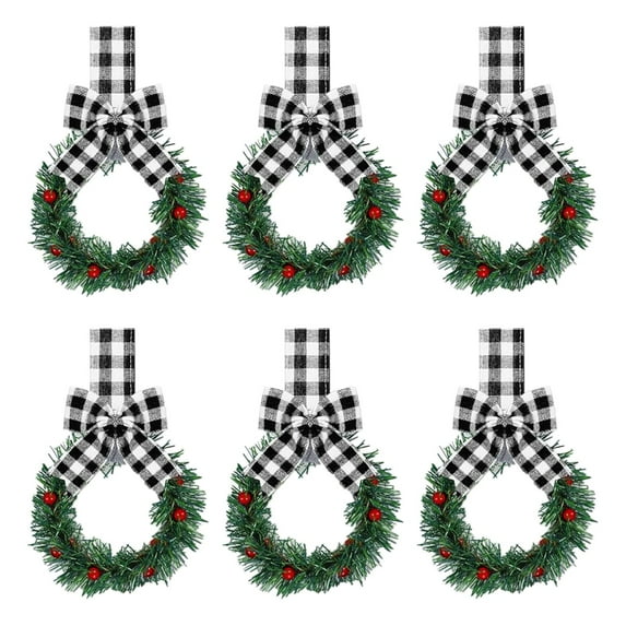 Christmas Wreath 6 Pcs Mini Cabinet Wreaths with Black and White Plaid Ribbon Small Kitchen Decor for Window Door Holiday Decorations
