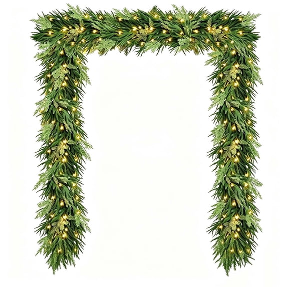 Christmas Wreath, 70.87" Lighted Artificial Norfolk Pine and Cedar Garland with Warm White Leds, Realistic Fade-Resistant Waterproof for Fireplace Mantel, Door, Window, Indoor/Outdoor Decor