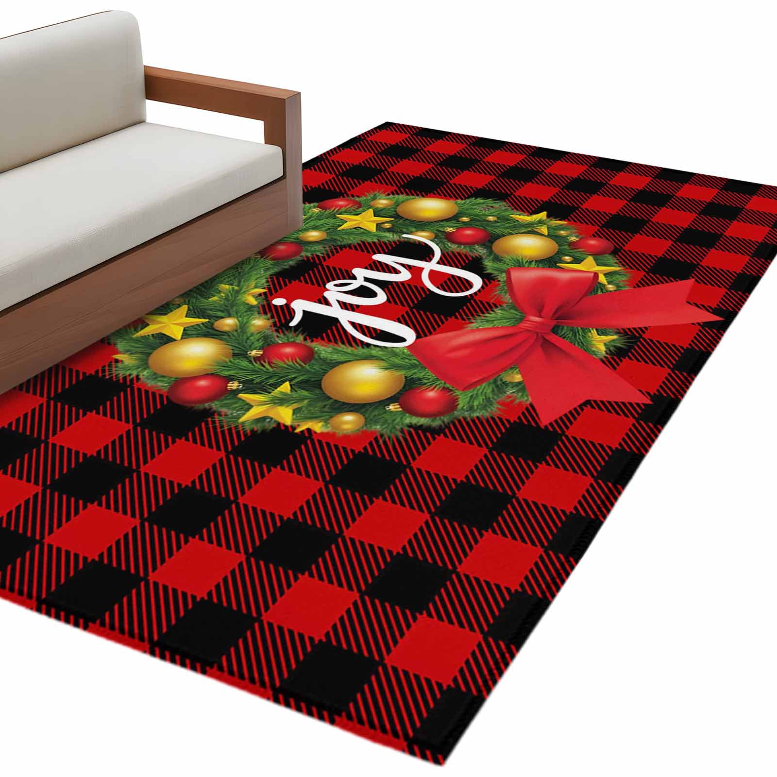 Christmas Wreath Area Rug 3x5ft Red Check JOY Bow Winter Farm Non-Slip ...