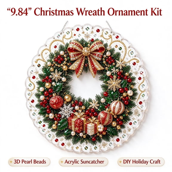 Christmas Wreath Art Hanging Ornament Kit, 9.84in 3D Pearl Bead Painting Acrylic Suncatcher, Diy Christmas Wreath Decor for Window Wall Door, Holiday Craft Gift for Adults & Teens 14+
