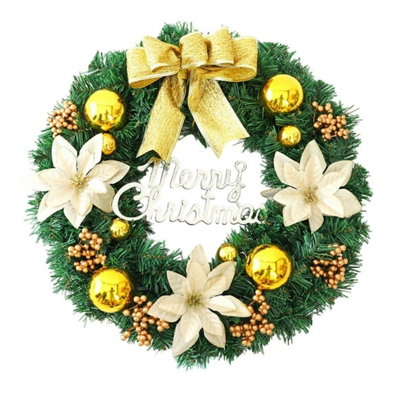 Christmas Wreath Artificial 18 Inch - Front Door Wreath with Red Bow, Berries, Christmas Balls and Golden Flower for Window Wall Decor