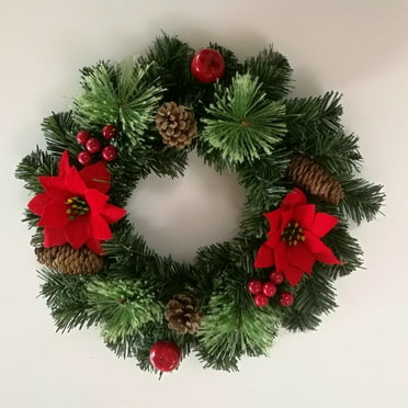 Christmas Wreath Artificial Poinsettia Wreath with Christmas Balls Red Berry Pinecone Wreath Ornaments for Front Door