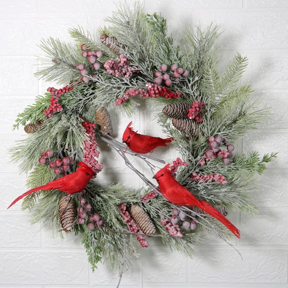 Christmas Wreath, Artificial Red Cardinal Wreath Winter Garland for Home Party Outdoor Indoor Decoration