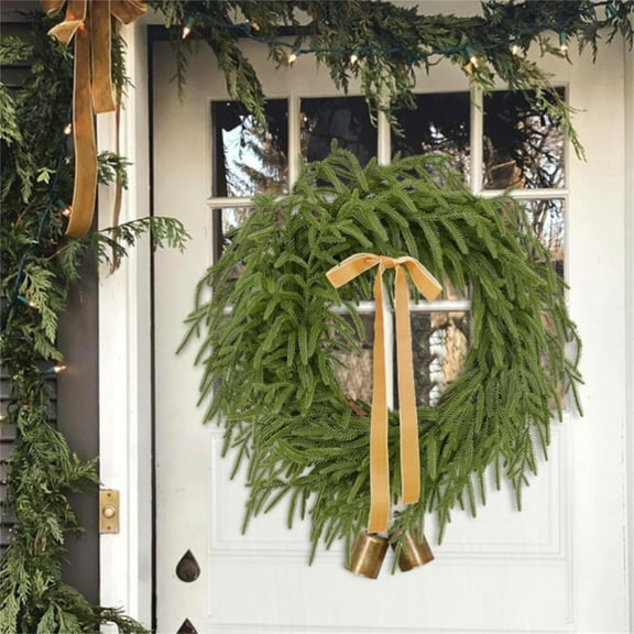 Christmas Wreath with Bells and Ribbon,Artificial Pine Greenery Winter Wreath for Front Door Decor,Country Style Hanging Wreath for Indoor Outdoor Home Use on Porch,Wall,Window and Mantel