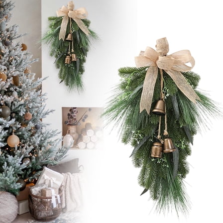 Christmas Wreath with Bow and Bells, Artificial Christmas Swag Decoration, Faux Greenery Wreath for Front Door, Holiday Decor for Window, Fireplace and Wall