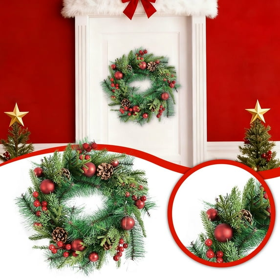 Christmas Wreath with Bow for Front Door, Creative Handmade Style Garland with Pine Cones and Berries, Reusable Holiday Party Decoration for Home Wall