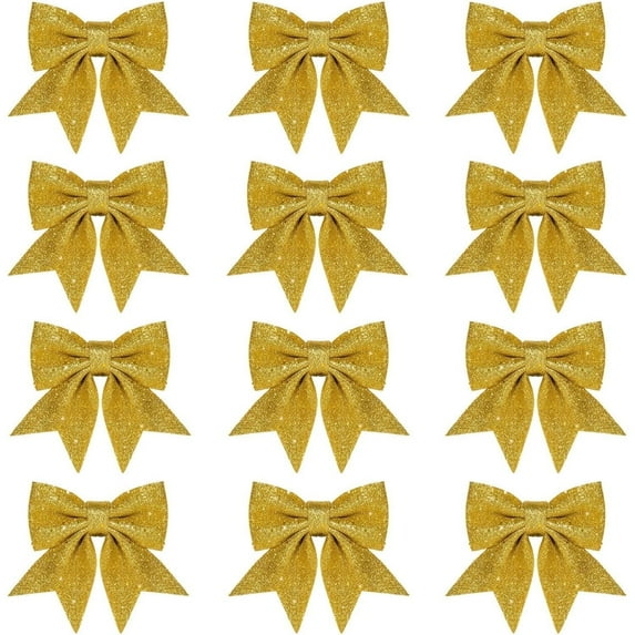 Christmas Wreath Bow Gold Christmas Tree Decoration Crafts Present Bows Glitter Ornaments Bow 24 Pcs 5.5 in Xmas Bows for Indoor and Outdoor Decoration