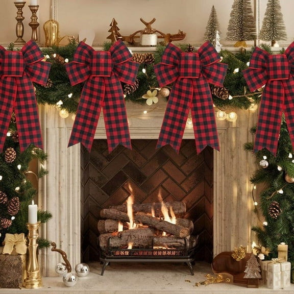 Christmas Wreath Bow, Large Christmas Bows, Red Check Plaid Bow, Winter Buffalo Plaid Craft Bow, Xmas Tree Topper Ornament Bow, for Home Front Door Decorations