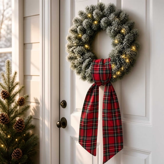 Christmas Wreath Bow Red Black Plaid Sash 4.33x55.11 Inch Front Door