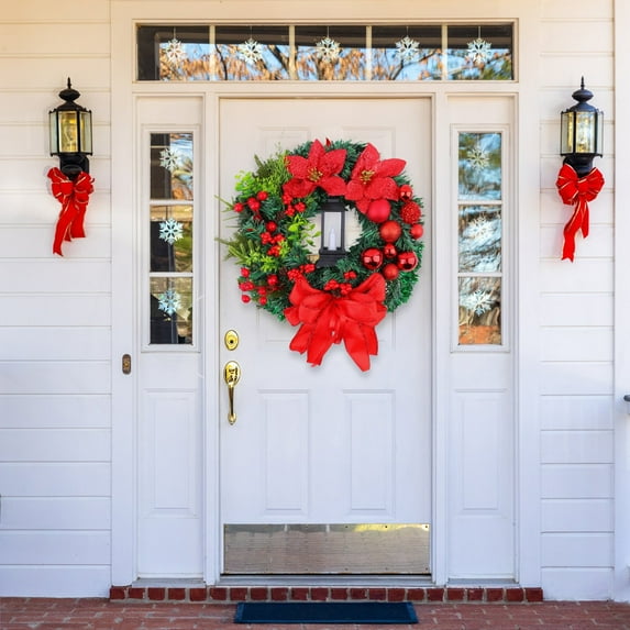 Christmas Wreath with Bow Ribbon, Farmhouse Style Front Door Wreath for Indoor Outdoor Use, Holiday Porch and Window Decoration,Christmas Decor, Door Wreath,E,1PC