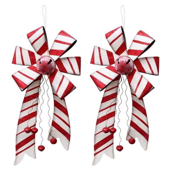 Christmas Wreath Bow Set of 2, 26" Large Rustic Metal Red Striped Xmas Door Decor with Jingle Ornament, Festive Holiday Party Wall Hanging for Home