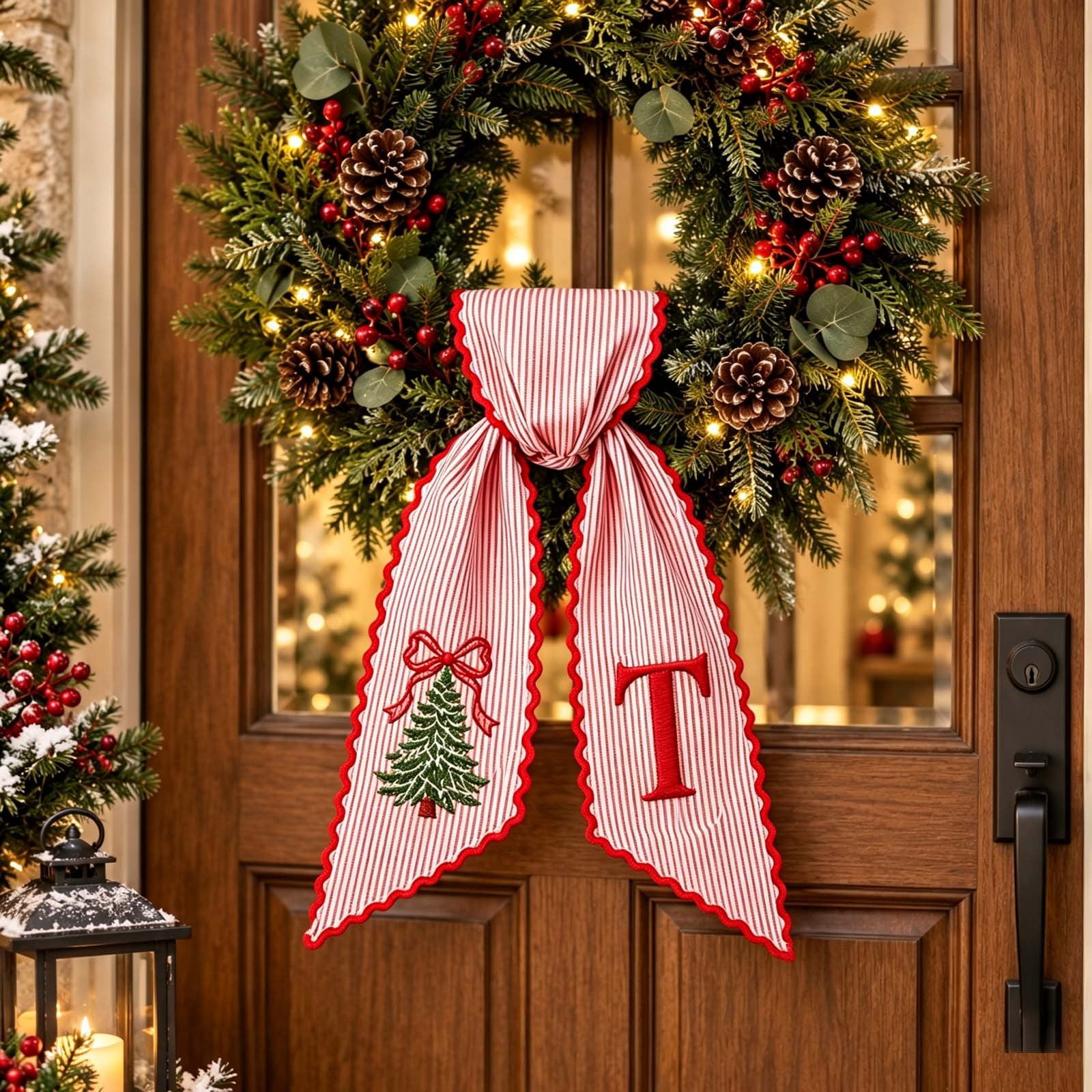 Christmas Wreath Bow with Alphabet Letter, Fabric Striped Wreath Sash ...