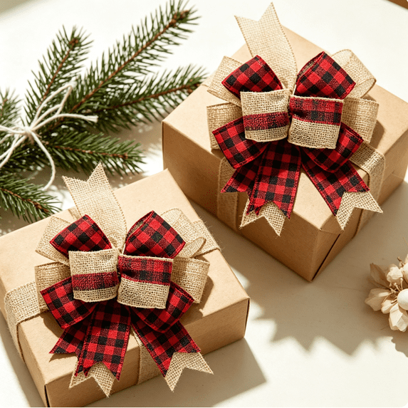 Christmas Wreath Bows, Red Black Buffalo Plaid Bows for Wreath, Rustic Farmhouse Bows for Front Door, Winter Christmas Tree Bows for Indoor Outdoor Xmas Decorations 2 Pack(Red&White)