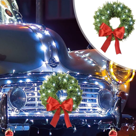 Christmas Wreath Car Decoration - Waterproof LED Artificial Car Wreath With Bow Tie(battery-powered),Universally for Car Front Doors Family Party Christmas Decor,13.7x13.7x1.18