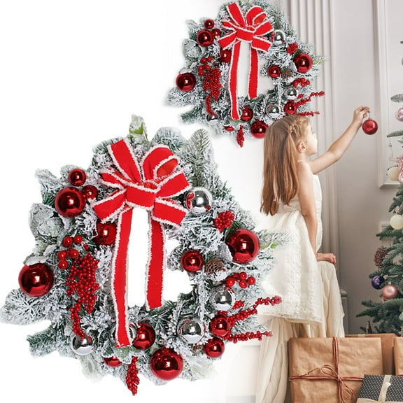 Christmas Wreath - Christmas Door Wreath Outdoor Christmas Wreath for Front Door Artificial Snow Pinecone Berry Wreath with Bow Navideña Para Puerta Indoor Christmas Decor - 1X Wreath
