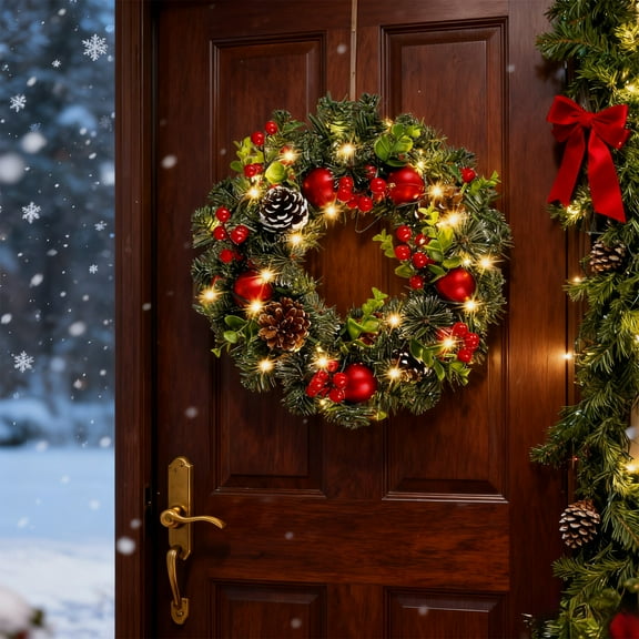 Christmas Wreath Christmas Front Door Wreath Ornament with LED Lights Pinecone Berries Artificial Pine Garland for Party Table Fireplaces Porch Walls New Years Halloween Home Decor