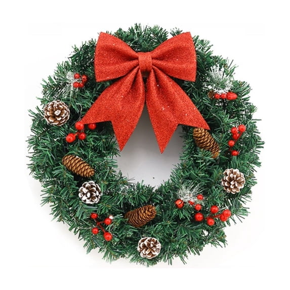 Christmas Wreath, Christmas Wreaths for Front Door, 15.75 Inch Christmas Door Wreath with Red Bow Pinecones and Red Berries, PVC Pine Holiday Wreath for Porch Home Decor