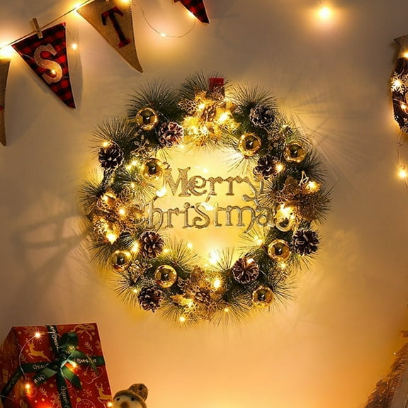 Christmas Wreath,Christmas Wreaths for Front Door,Christmas Wreath With Gold Decorations Pinaster Cones Ideal For Home Hotel Holiday Decorations(1pc+Light 16in)
