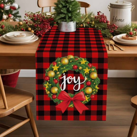 Christmas Wreath Cotton Linen Table Runner Red Check JOY Bow Winter Farm Dining Table Runners for Home Decor Party Dining Room Restaurant Kitchen Party 13" x 36"