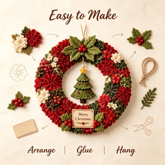 Christmas Wreath DIY Kit,Christmas Wreath Making Kit for Beginner & Adults, Fabric Craft Kit,DIY Holiday Decor, Handmade Christmas Art Project Gift