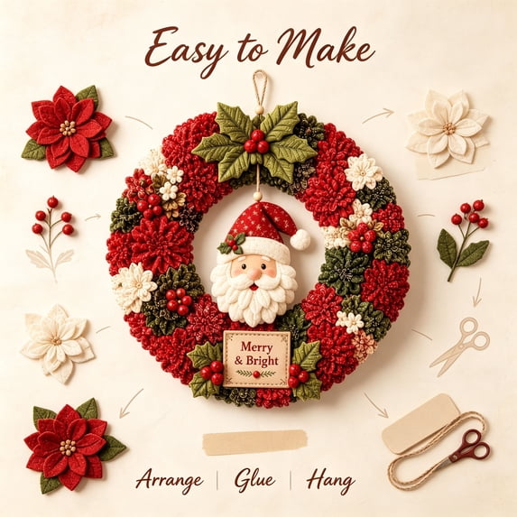 Christmas Wreath DIY Kit,Christmas Wreath Making Kit for Beginner & Adults, Fabric Craft Kit,DIY Holiday Decor, Handmade Christmas Art Project Gift