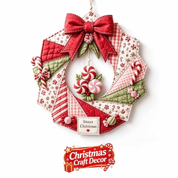 Christmas Wreath DIY Kit for Front Door, Fabric Patchwork Christmas Wreath Craft Set, Artificial Greenery Wreath with Hanger, Porch Window Wall Ornament, Indoor Outdoor Christmas Holiday Decor