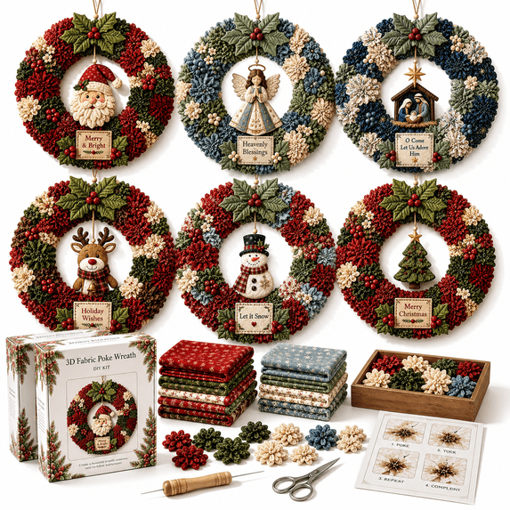 Christmas Wreath DIY Kit for Adults, 3D Fabric Poke Art Craft Kit for Beginners, Textured Holiday Fabric Art Decoration for Door Wall & Handmade Gift
