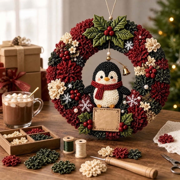 Christmas Wreath DIY Poke Art Kit, 3D Fabric Craft Set, Handmade Xmas Hanging Decoration, Holiday Gift for Adults & Beginners
