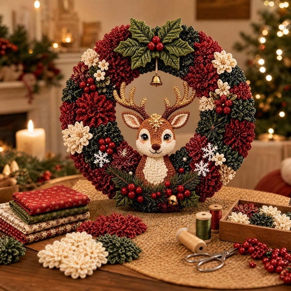 Christmas Wreath DIY Poke Art Kit, 3D Fabric Craft Set, Handmade Xmas Hanging Decoration, Holiday Gift for Adults & Beginners
