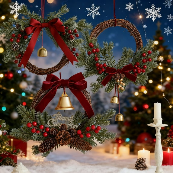 Christmas Wreath Decor under $5! Cagogo Christmas Rattan Wreath with Bells, Red Berry Branch Door Hanging, Festive Window Decoration, Holiday Wall Decor, Traditional Christmas Wreath with Bow