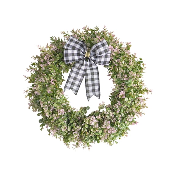 Christmas Wreath Decoration with Buffalo Plaid Bow Decorative Artificial Eucalypts Leaf Wreath for Winter Holiday Door Window Fireplace Decor (Pink)