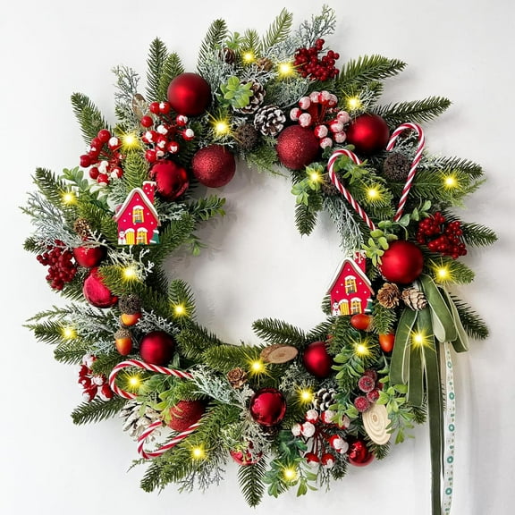 Christmas Wreath Decorations - 18" Christmas Wreaths for Front Door with Candy Canes Christmas Ball Ornaments, Lifelike Pine Cones Berries & Bow, Christmas Door Wreath for Indoor Outdoor Wall Decor