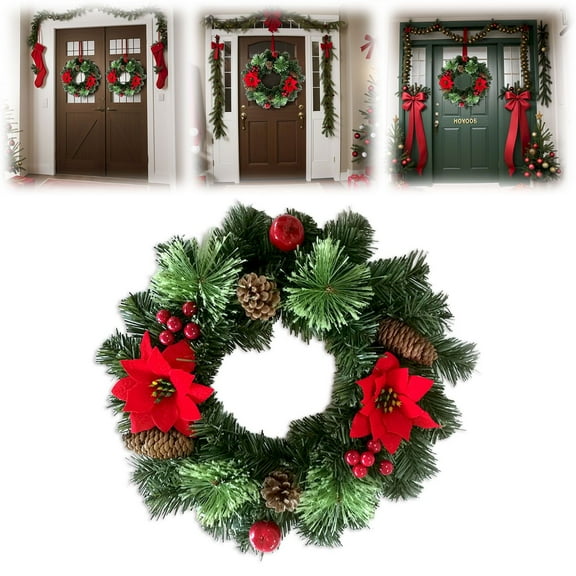 Christmas Wreath Decorations - 24" Christmas Wreaths for Front Door with Lights, Pre-lit Artificial Winter Wreath with Red Berries Pine Needles for Indoor Outdoor Window Wall Decorations