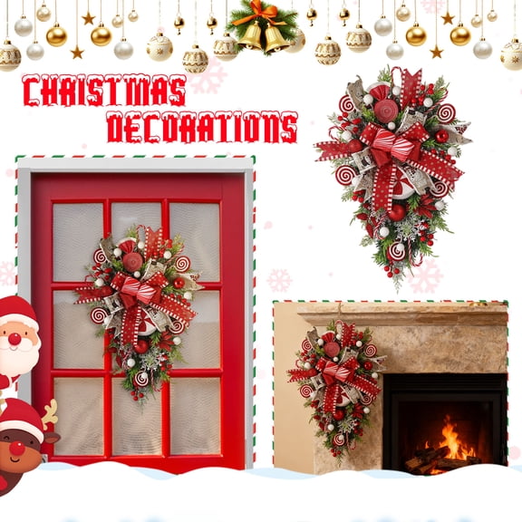 Christmas Wreath Decorations for Front Door, 3D Red Velvet Bow with Candy Cane Ornaments and Festive Balls, Indoor Outdoor Holiday Hanging Decor for Home, Window, Wall, Xmas Tree, 16 Inches A