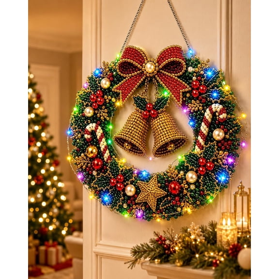 Christmas Wreath Diamond Art Kit with LED Lights and 3D DIY Ornament,#D