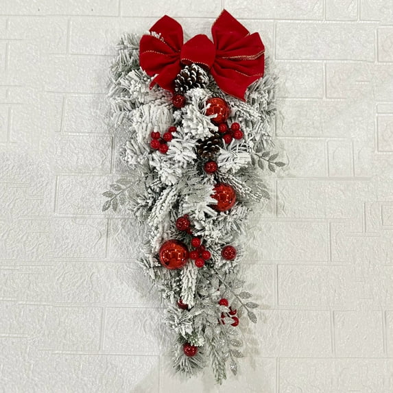Christmas Wreath Door Decoration,Colorful Wreath with Big Flocking Bow,Snowball,Red Bberry Clusters,Pine Cone and Rribbons,Christmas Rattan Swag Wreath for Xmas Festival Indoor Outdoor Decor