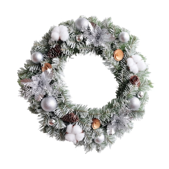 Christmas Wreath Flocked Artificial Pine Silver Accents Cotton Pine Cones Front Door Wreath for Holiday Home Porch Decor 14 Inch