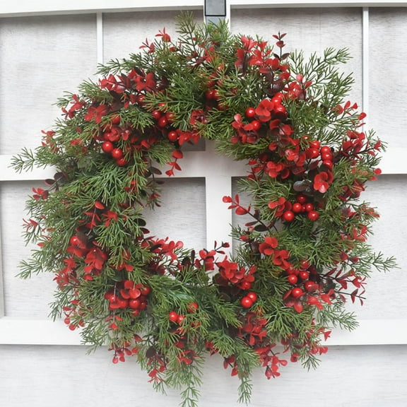 Christmas Wreath for Front Door 13.77 Inch Artificial Garland with Red Berries and Pine Cones Pine Needles for Indoor Outdoor Wall Fireplace Window Xmas Holiday Party Decorations