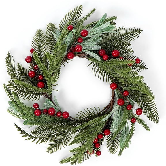 Christmas Wreath for Front Door, 13.78'' Christmas Candle Ring Wreath with Mistletoe Leaves,Berry and Pine Branch for Xmas Table Fireplaces Centerpiece Porch Wall Window Home Decor (1, Red)